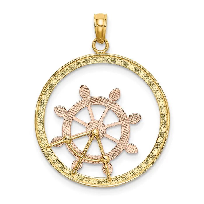 14k Twotone Gold wWhite Rhodium Beaded Ship Wheel In Circle Charm Goldia Rings
