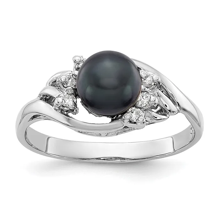 14k White Gold 6mm Black FW Cultured Pearl AA Real Diamond ring Goldiacom Rings