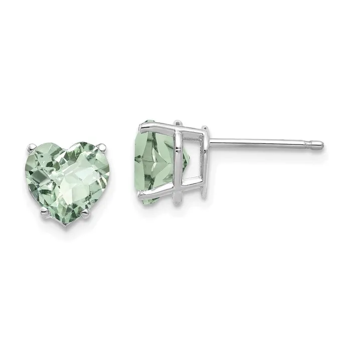 14k White Gold 7mm Heart CheckerCut Green Quartz Earrings Goldia Earrings