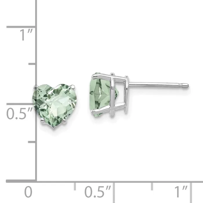 14k White Gold 7mm Heart CheckerCut Green Quartz Earrings Goldia Earrings