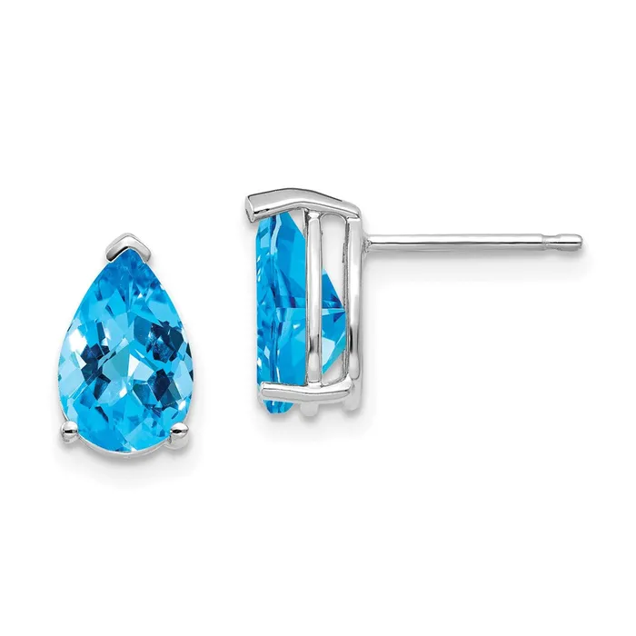 14k White Gold 9x6mm Pear Blue Topaz Checker Earrings Goldia Earrings