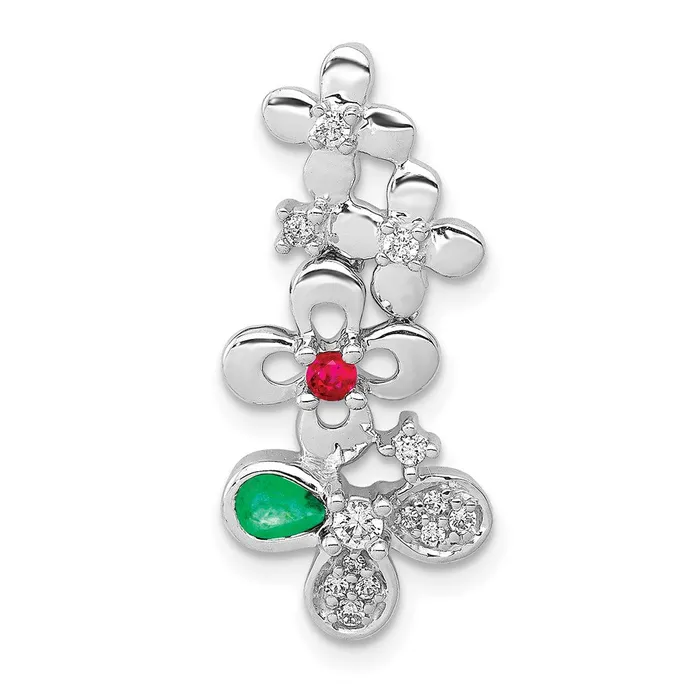 14k White Gold Real Diamond Ruby and Emerald Flower Chain Slide Goldia Earrings 14k White Gold Real Diamond Ruby and Emerald Flower Chain Slide Goldia Earrings