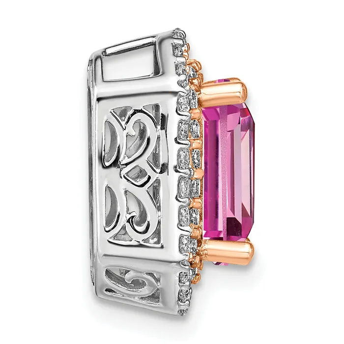 14K WhiteRose Gold Two Tone Rose and White 58 Ct Lab Grown Diamond VSSI G and Lab Created Pink Sapphire Chain Slide Pendant Goldia Rings