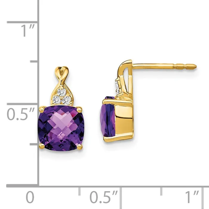14k Yellow Gold Checkerboard Amethyst and Real Diamond Earrings Goldia Earrings