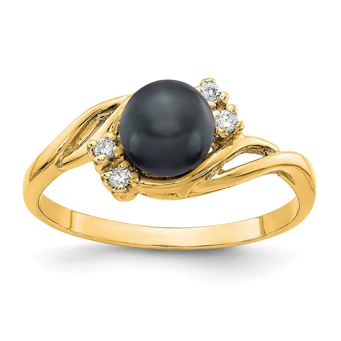 14k Yellow Gold Gold 6mm Black FW Cultured Pearl AAA Diamond ring Goldia Rings
