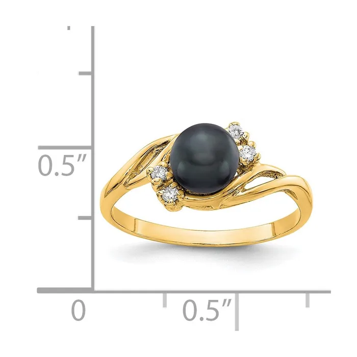 14k Yellow Gold Gold 6mm Black FW Cultured Pearl AAA Diamond ring Goldia Rings