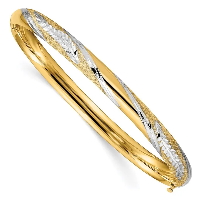14k Yellow Rhodium Gold wWhite Rhodium Diamondcut Leaf Twisted Design Hinged Bangle Goldia Rings 14k Yellow Rhodium Gold wWhite Rhodium Diamondcut Leaf Twisted Design Hinged Bangle Goldia Rings
