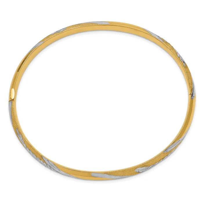 14k Yellow Rhodium Gold wWhite Rhodium Diamondcut Leaf Twisted Design Hinged Bangle Goldia Rings