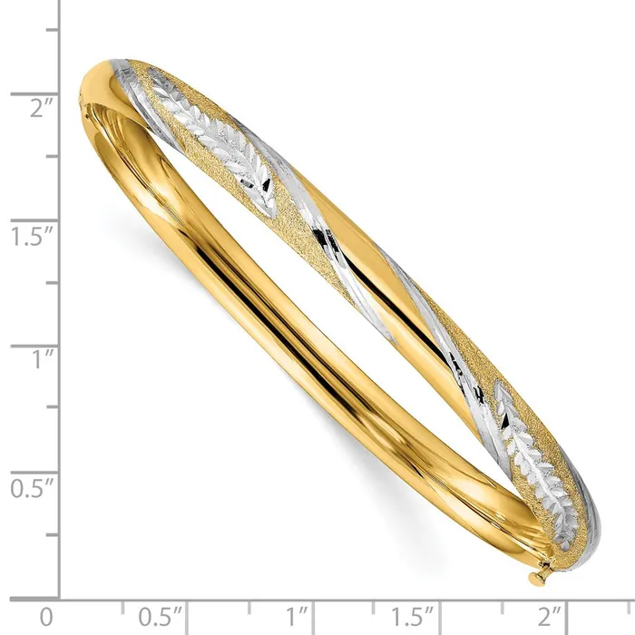 14k Yellow Rhodium Gold wWhite Rhodium Diamondcut Leaf Twisted Design Hinged Bangle Goldia Rings