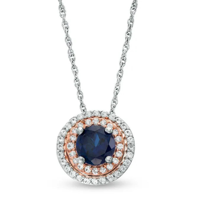 60mm LabCreated Blue and White Sapphire Double Frame Pendant in Sterling Silver and 14K Rose Gold Goldia Necklaces 60mm LabCreated Blue and White Sapphire Double Frame Pendant in Sterling Silver and 14K Rose Gold Goldia Necklaces
