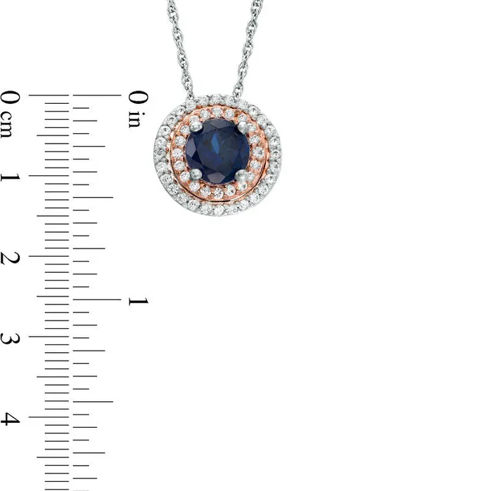 60mm LabCreated Blue and White Sapphire Double Frame Pendant in Sterling Silver and 14K Rose Gold Goldia Necklaces 60mm LabCreated Blue and White Sapphire Double Frame Pendant in Sterling Silver and 14K Rose Gold Goldia Necklaces