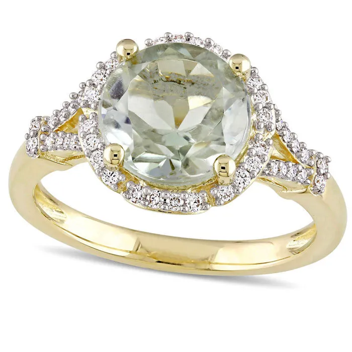 90mm Green Quartz and 020 CT TW Natural Diamond Frame Split Shank Ring in Solid 14K Gold Goldia Rings 90mm Green Quartz and 020 CT TW Natural Diamond Frame Split Shank Ring in Solid 14K Gold Goldia Rings