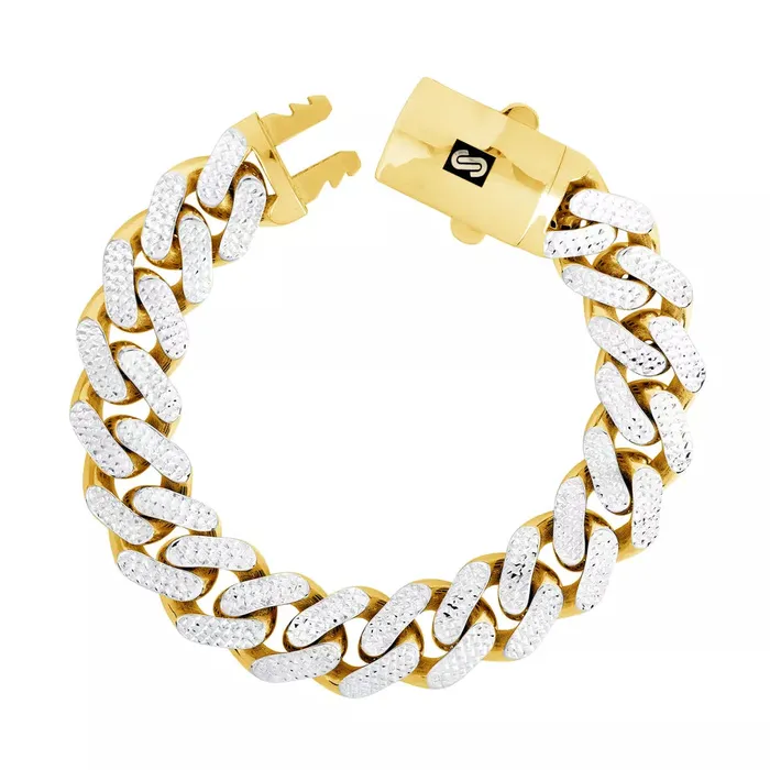 Bracelets Goldiacom 10k Yellow Gold 17mm Monaco Miami Cuban Diamond Cut Pave Chain Bracelet 85