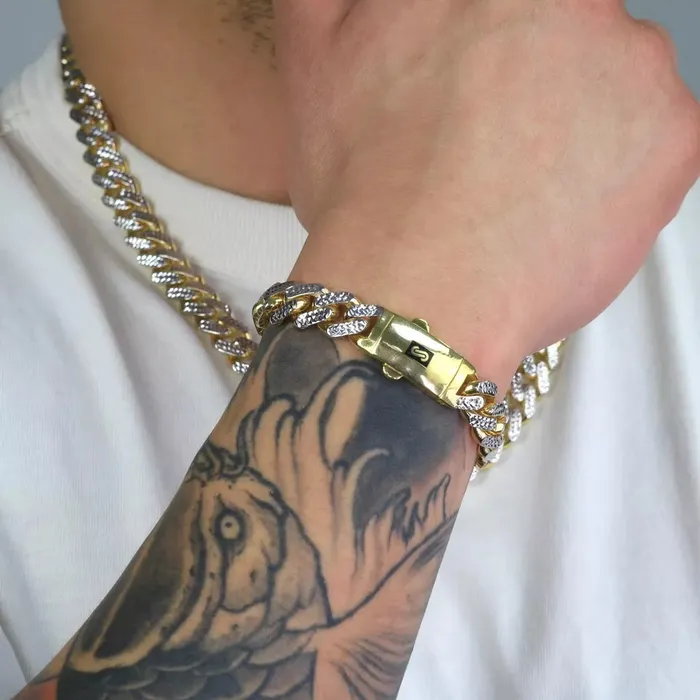 Bracelets Goldiacom 10k Yellow Gold 17mm Monaco Miami Cuban Diamond Cut Pave Chain Bracelet 85