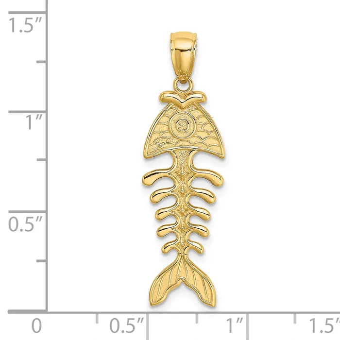 Charm Necklaces 14k Yellow Gold 3D Polished Textured Fishbone Charm Goldia