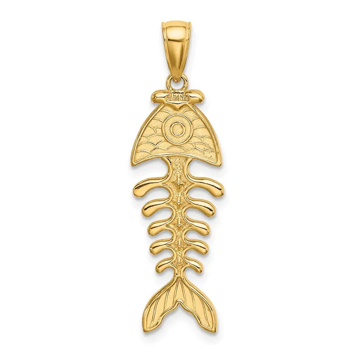 Charm Necklaces 14k Yellow Gold 3D Polished Textured Fishbone Charm Goldia