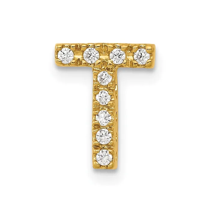 Charm Necklaces Solid 14k Yellow Gold Simulated CZ Letter T Initial Charm Goldia