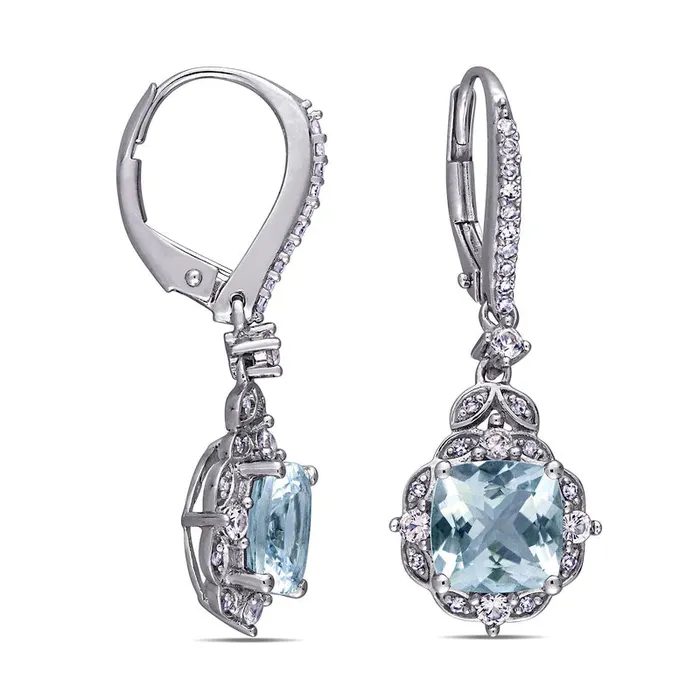 CushionCut Aquamarine White Sapphire and 017 CT TW Diamond Floral VintageStyle Drop Earrings in 14K White Gold Goldia Earrings CushionCut Aquamarine White Sapphire and 017 CT TW Diamond Floral VintageStyle Drop Earrings in 14K White Gold Goldia Earrings