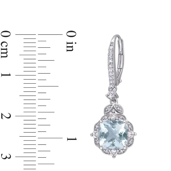 CushionCut Aquamarine White Sapphire and 017 CT TW Diamond Floral VintageStyle Drop Earrings in 14K White Gold Goldia Earrings CushionCut Aquamarine White Sapphire and 017 CT TW Diamond Floral VintageStyle Drop Earrings in 14K White Gold Goldia Earrings