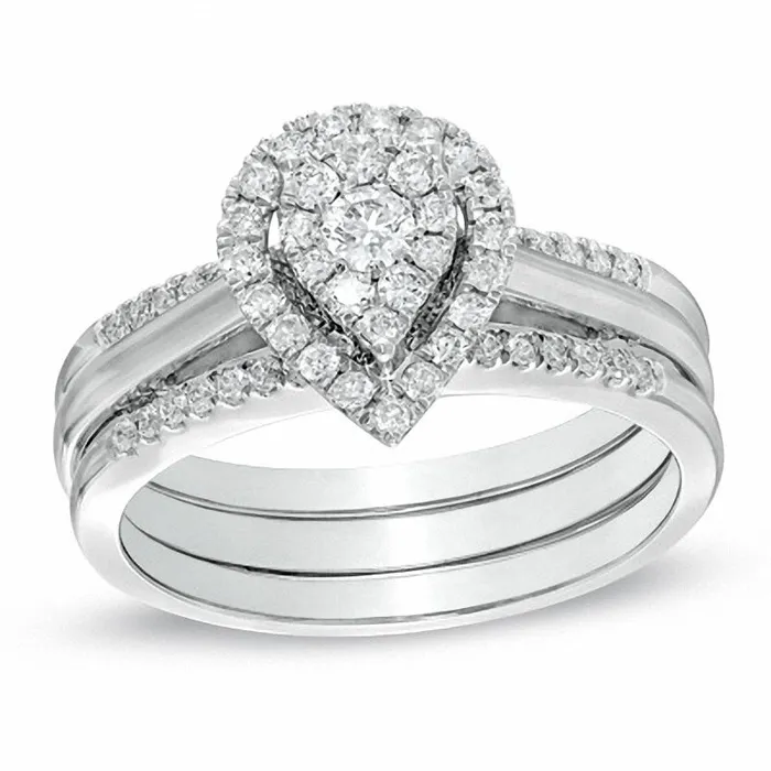 Diamond Cluster PearShaped Halo Bridal Engagement Ring Set in 14K White Gold Goldiacom Rings Diamond Cluster PearShaped Halo Bridal Engagement Ring Set in 14K White Gold Goldiacom Rings