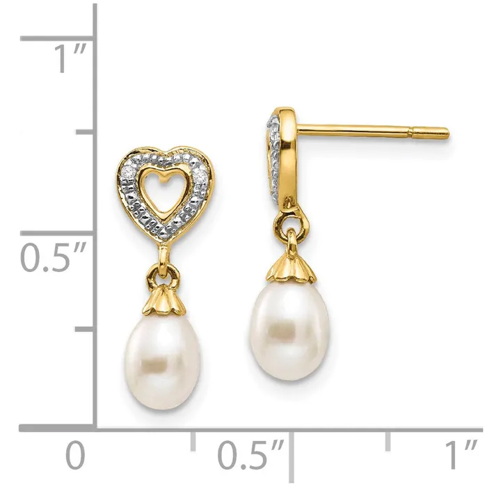 Earrings 14k Yellow Gold 7x5mm Teardrop FWC Pearl 01ct Heart Real Diamond Dangle Earrings Goldia