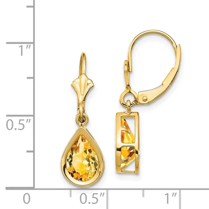 Earrings 14k Yellow Gold 9x6mm Pear Citrine Leverback Earrings Goldia