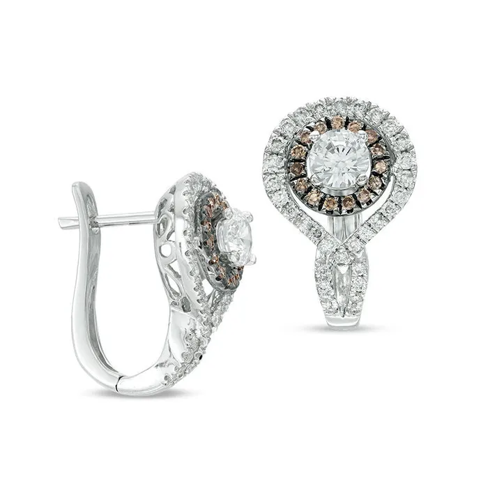 Earrings Goldia 15 CT TW Champagne and White Diamond Double Frame Twist Hoop Earrings in 14K White Gold Earrings Goldia 15 CT TW Champagne and White Diamond Double Frame Twist Hoop Earrings in 14K White Gold