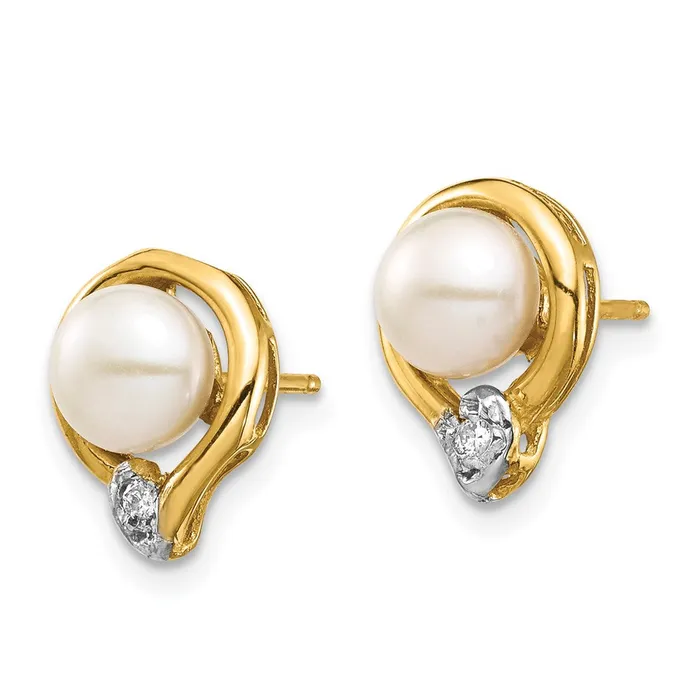 Earrings Goldia 14k Yellow Gold 56mm White Button FW Cultured Pearl 02ct Real Diamond Post Earrings