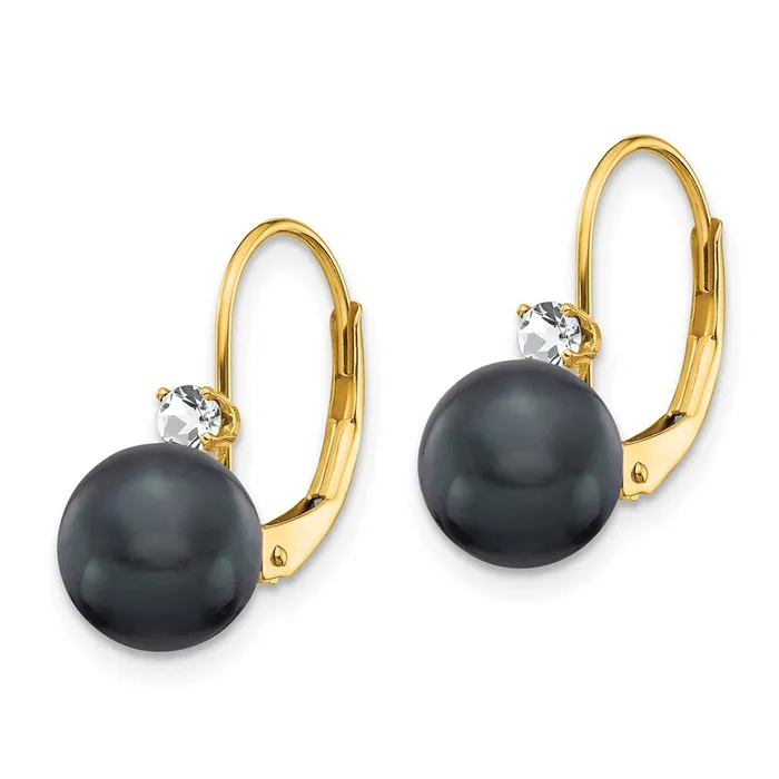 Earrings Goldia 14k Yellow Gold 78mm Black FW Cultured Pearl AA Real Diamond Leverback Earrings