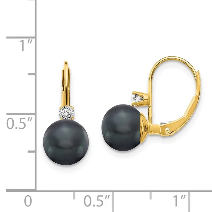 Earrings Goldia 14k Yellow Gold 78mm Black FW Cultured Pearl AA Real Diamond Leverback Earrings