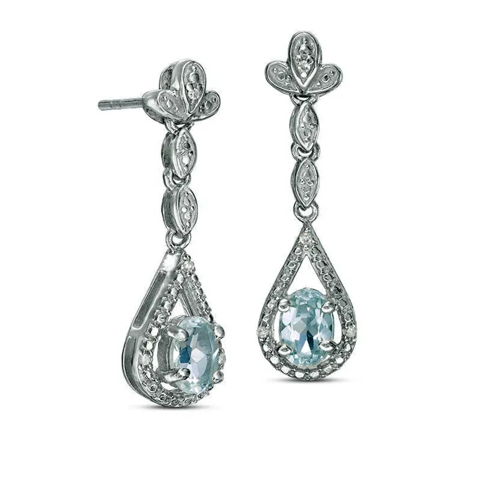Earrings Goldia Oval Aquamarine and Diamond Accent Teardrop Earrings in 10K White Gold