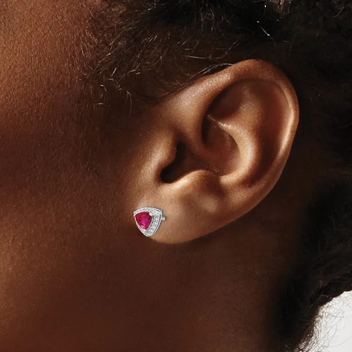 Earrings Goldia Solid 14k White Gold Trillion Simulated Ruby and CZ Halo Earrings