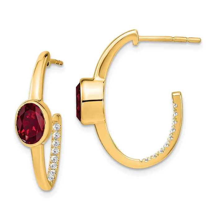 Earrings Goldia Solid 14k Yellow Gold Oval Created Simulated Ruby and CZ JHoop Earrings Earrings Goldia Solid 14k Yellow Gold Oval Created Simulated Ruby and CZ JHoop Earrings