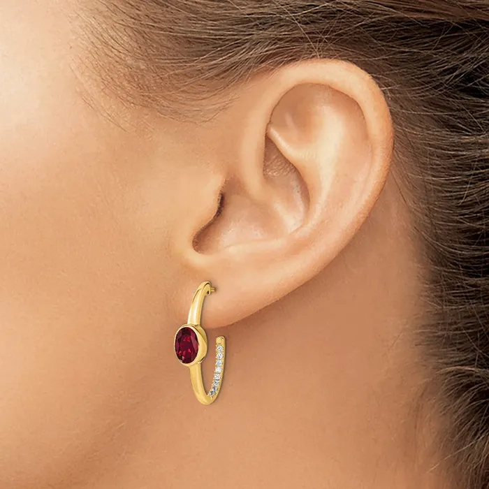 Earrings Goldia Solid 14k Yellow Gold Oval Created Simulated Ruby and CZ JHoop Earrings Earrings Goldia Solid 14k Yellow Gold Oval Created Simulated Ruby and CZ JHoop Earrings