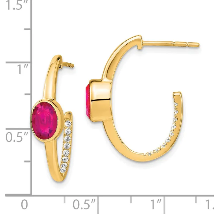 Earrings Goldia Solid 14k Yellow Gold Oval Created Simulated Ruby and CZ JHoop Earrings Earrings Goldia Solid 14k Yellow Gold Oval Created Simulated Ruby and CZ JHoop Earrings