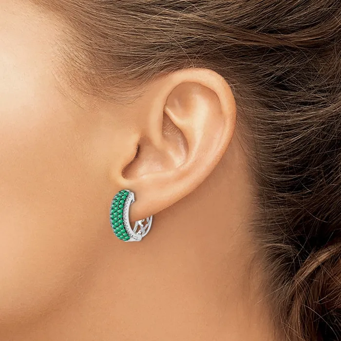 Earrings Solid 14k White Gold Simulated CZ and Emerald Hinged Hoop Earrings Goldia