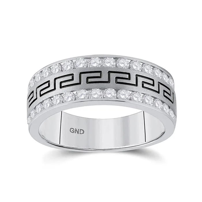 gndatlanta 14k White Gold Round Diamond Double Row Grecco Greek Key Wedding Band 1 Cttw Rings