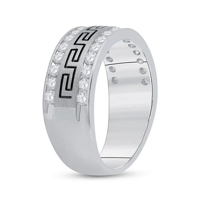 gndatlanta 14k White Gold Round Diamond Double Row Grecco Greek Key Wedding Band 1 Cttw Rings