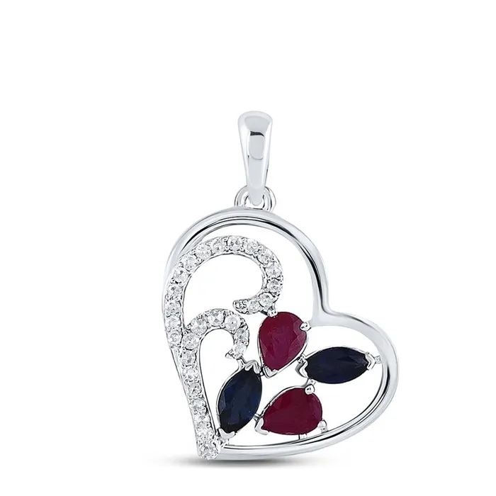 gndatlanta Necklaces 14k White Gold Pear Ruby Blue Sapphire Diamond Heart Pendant 1 Cttw