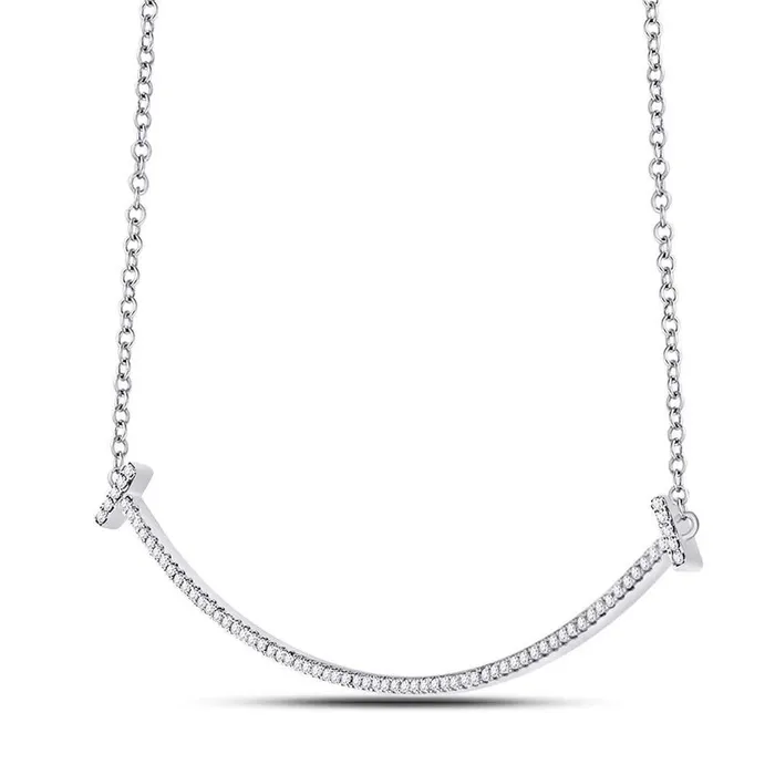 gndatlanta Necklaces 14kt White Gold Round Diamond Curved Bar Necklace 13 Cttw