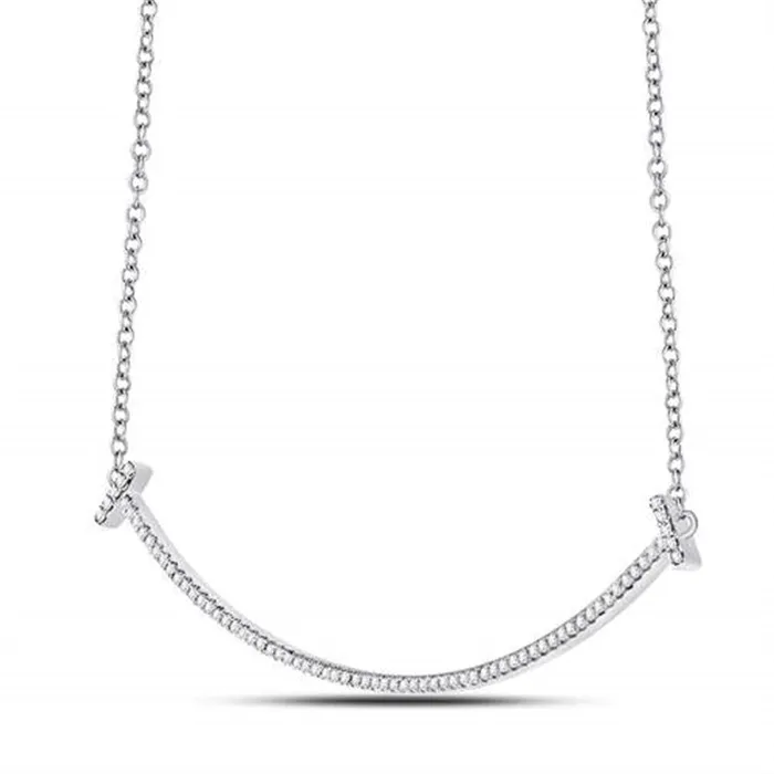 gndatlanta Necklaces 14kt White Gold Round Diamond Curved Bar Necklace 13 Cttw
