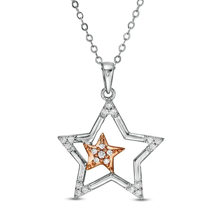 Goldia 013 CT TW Natural Diamond Double Star Pendant in 10K TwoTone Gold Necklaces Goldia 013 CT TW Natural Diamond Double Star Pendant in 10K TwoTone Gold Necklaces