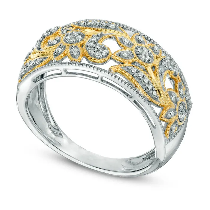 Goldia 013 CT TW Natural Diamond Floral Band in Solid 10K TwoTone Gold Rings Goldia 013 CT TW Natural Diamond Floral Band in Solid 10K TwoTone Gold Rings