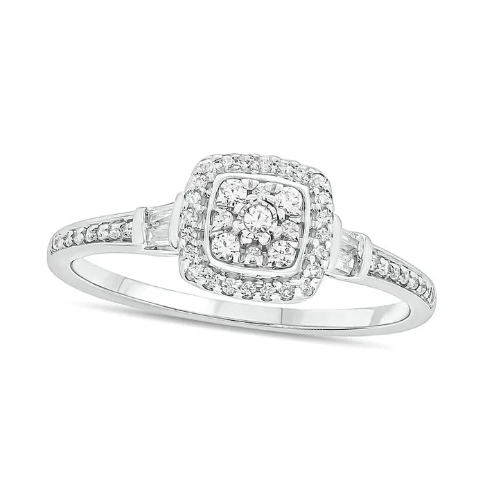 Goldia 025 CT TW Composite Baguette and Round Natural Diamond CushionShape Frame Promise Ring in Solid 10K White Gold Rings