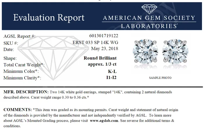 Goldia 13 Carat TW AGS Certified Round Diamond Solitaire Stud Earrings in 14K White Gold KL Color I1I2 Clarity Earrings