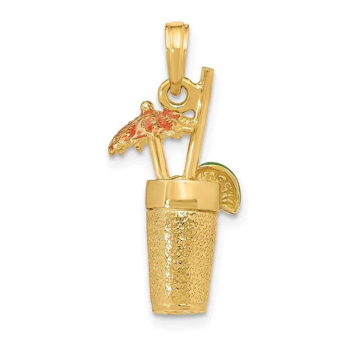 Goldia Charm Necklaces 14k Yellow Gold 3D Cocktail Drink wOrange Enamel Umbrella and Lime Charm