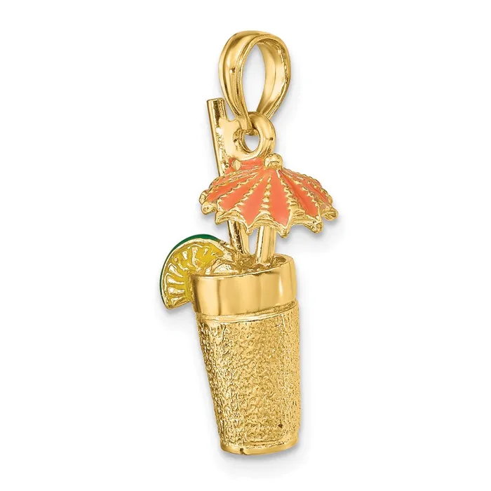 Goldia Charm Necklaces 14k Yellow Gold 3D Cocktail Drink wOrange Enamel Umbrella and Lime Charm