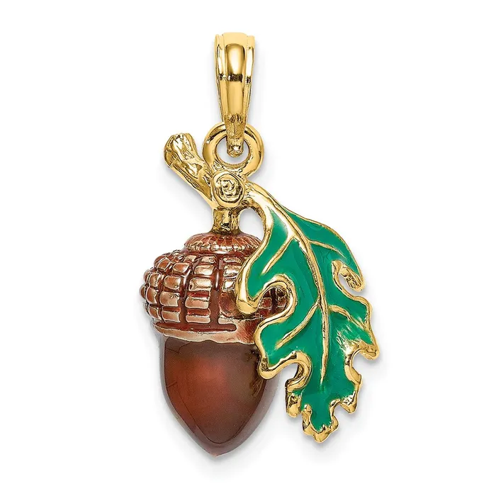 Goldia Charm Necklaces 14k Yellow Gold 3D Enameled Acorn wLeaf Charm