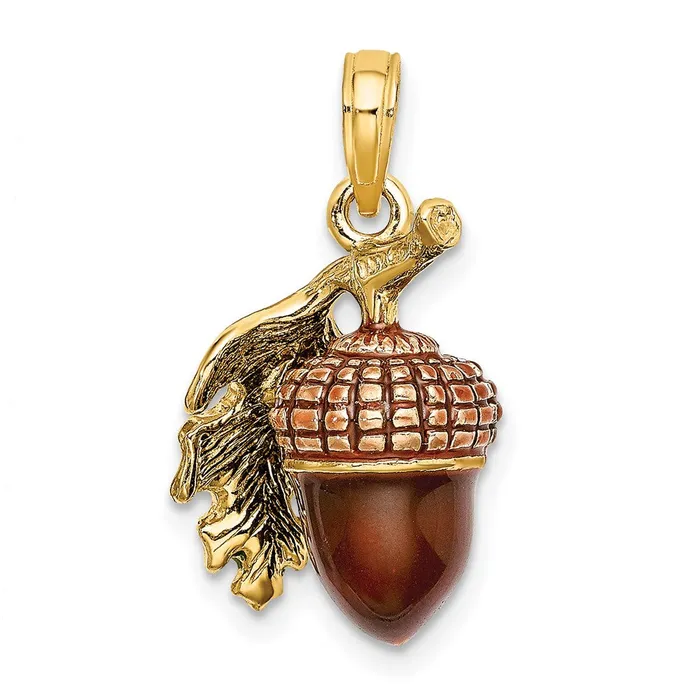 Goldia Charm Necklaces 14k Yellow Gold 3D Enameled Acorn wLeaf Charm