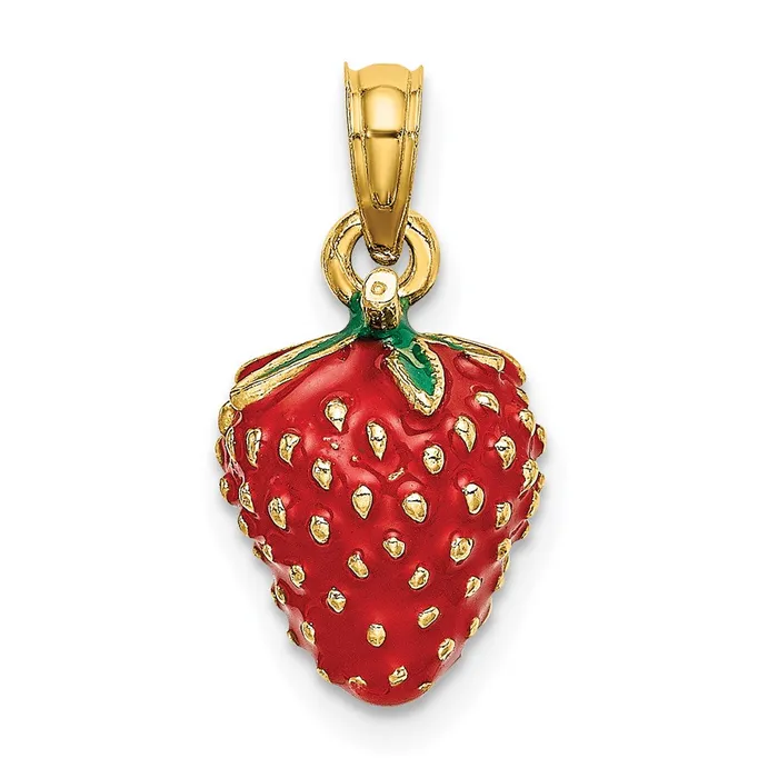 Goldia Charm Necklaces 14k Yellow Gold W Enamel 3D Strawberry and Leaf Charm